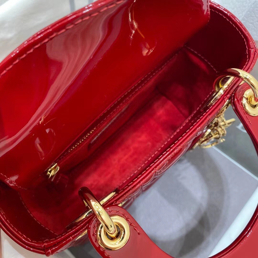 D*or red patent mini lady D*or bag with chain