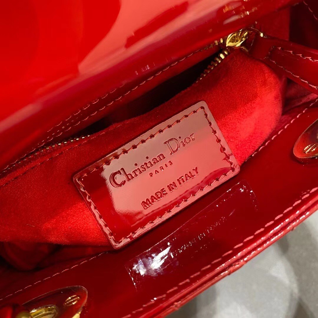 D*or red patent mini lady D*or bag with chain