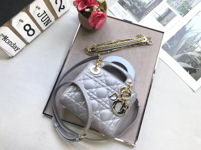 D*or mini lady D*or bag in grey pearly lambskin