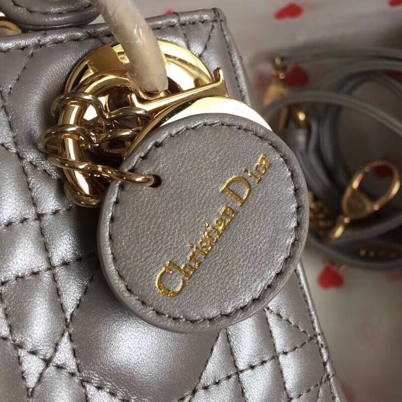 D*or mini lady D*or bag in grey pearly lambskin
