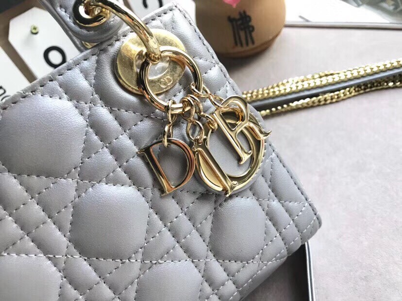 D*or mini lady D*or bag in grey pearly lambskin