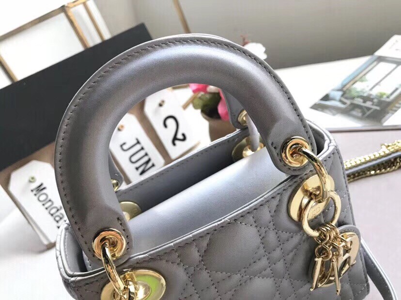 D*or mini lady D*or bag in grey pearly lambskin