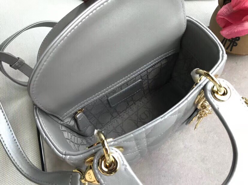 D*or mini lady D*or bag in grey pearly lambskin