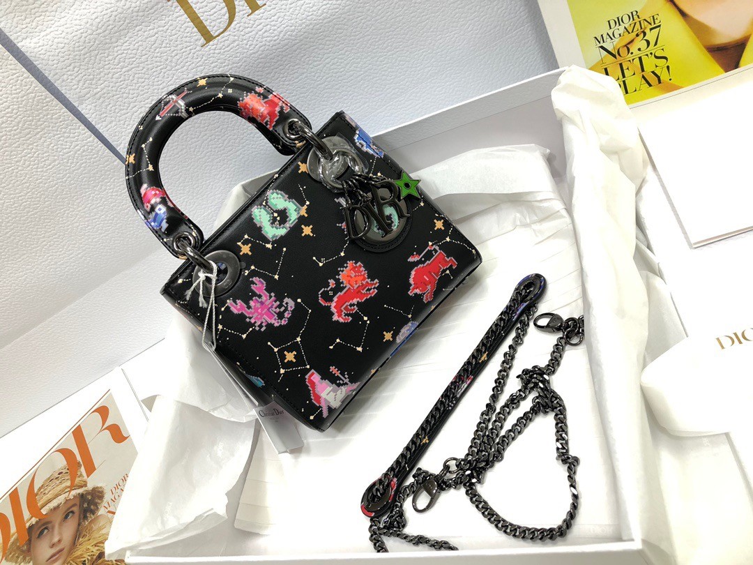 D*or mini lady D*or bag in black calfskin with pixel zodiac print