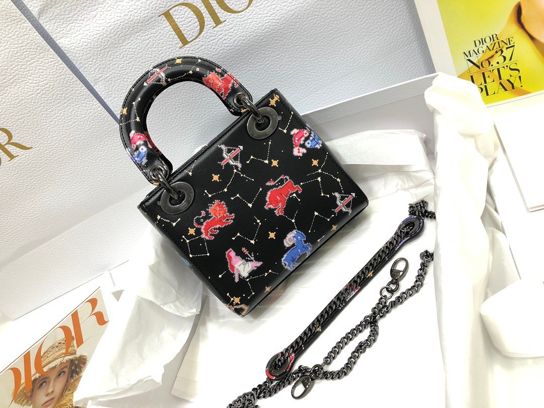 D*or mini lady D*or bag in black calfskin with pixel zodiac print