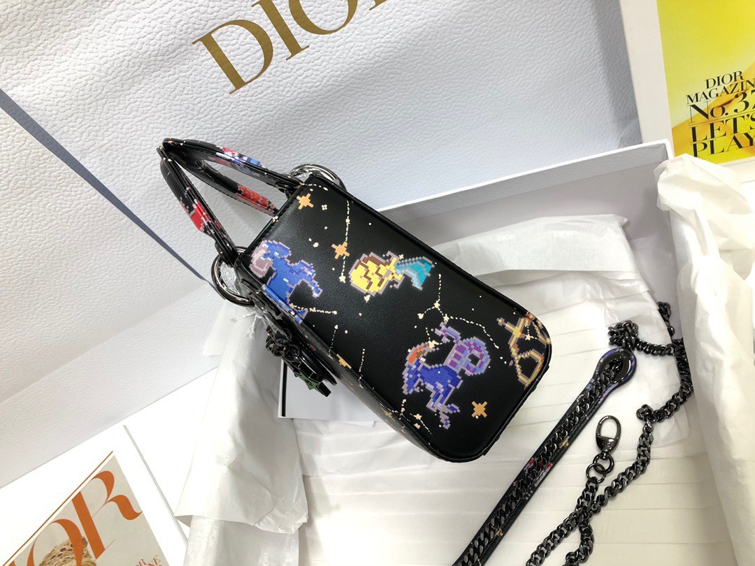 D*or mini lady D*or bag in black calfskin with pixel zodiac print
