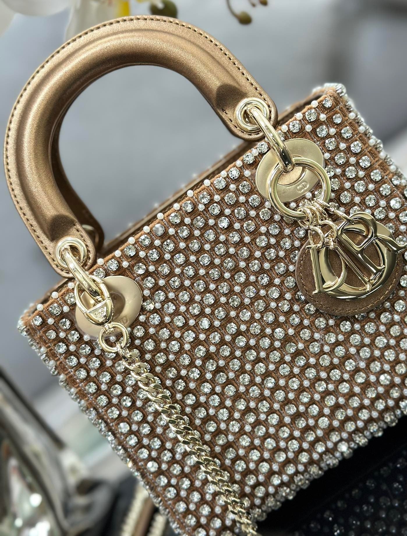 D*or lady D*or mini chain bag in square with strass and beads