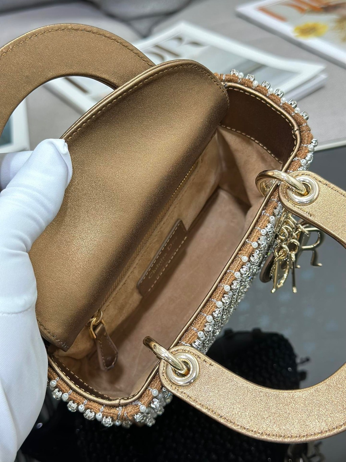 D*or lady D*or mini chain bag in square with strass and beads