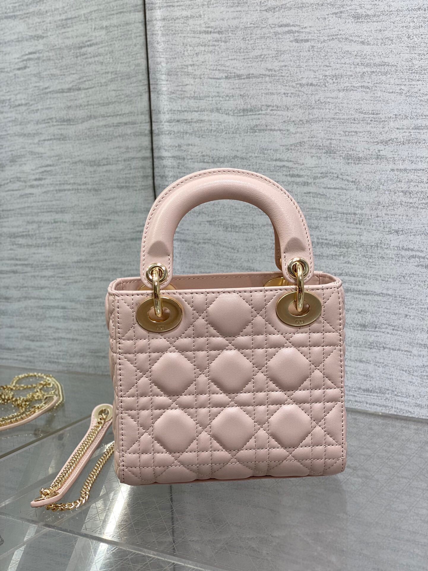 D*or lady D*or mini bag with chain in pink lambskin with resin charms