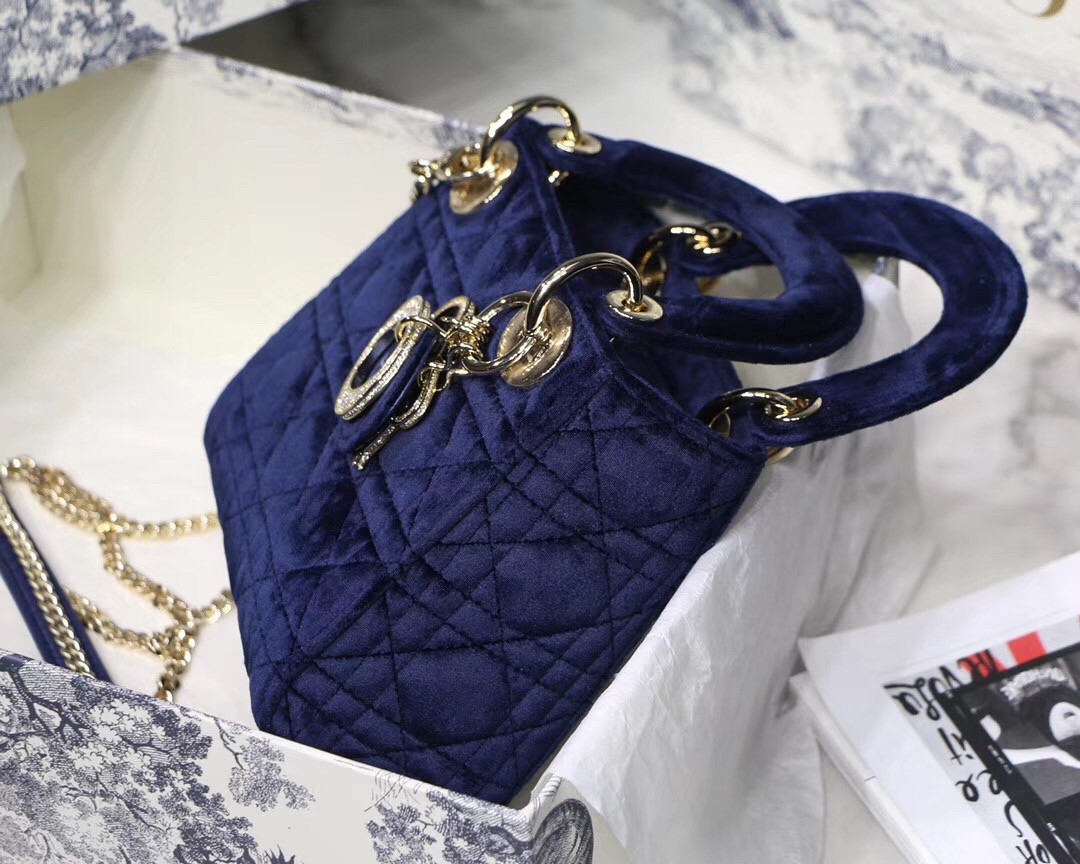 D*or mini lady D*or chain bag in blue velvet
