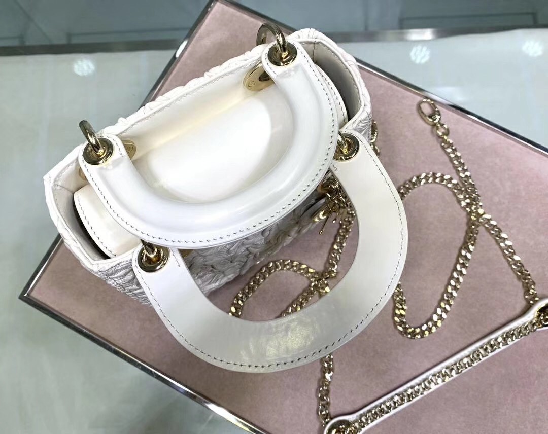 D*or mini lady D*or chain bag in white wavy crinkled lambskin