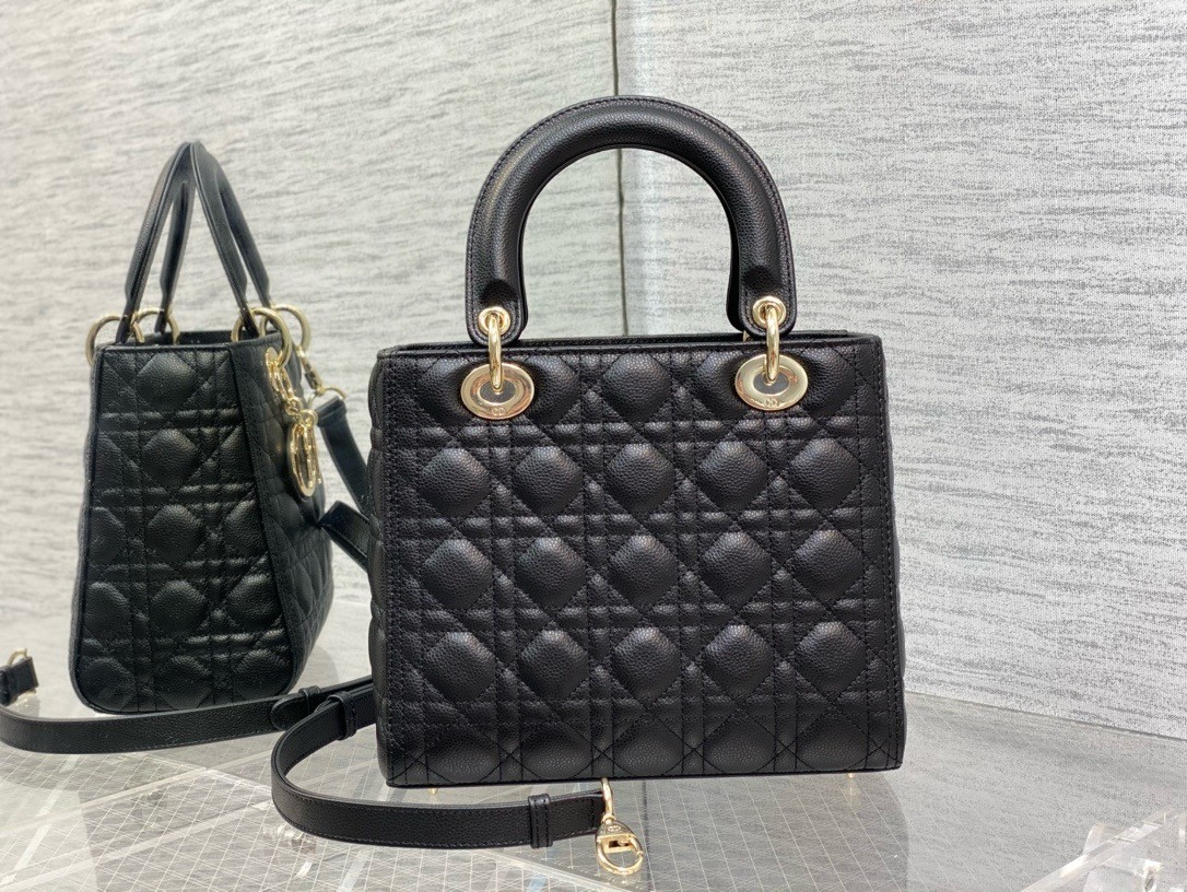D*or small lady D*or bag in black grained cannage calfskin