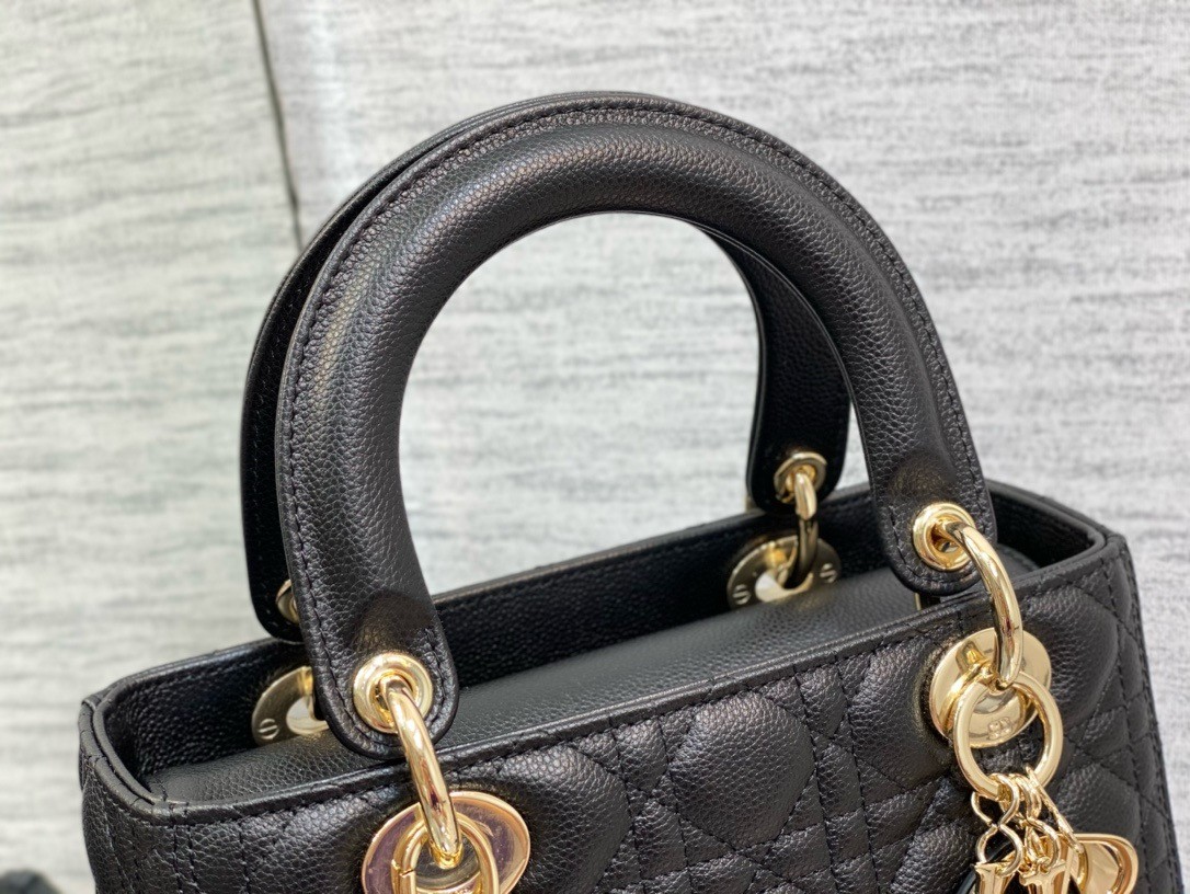 D*or small lady D*or bag in black grained cannage calfskin