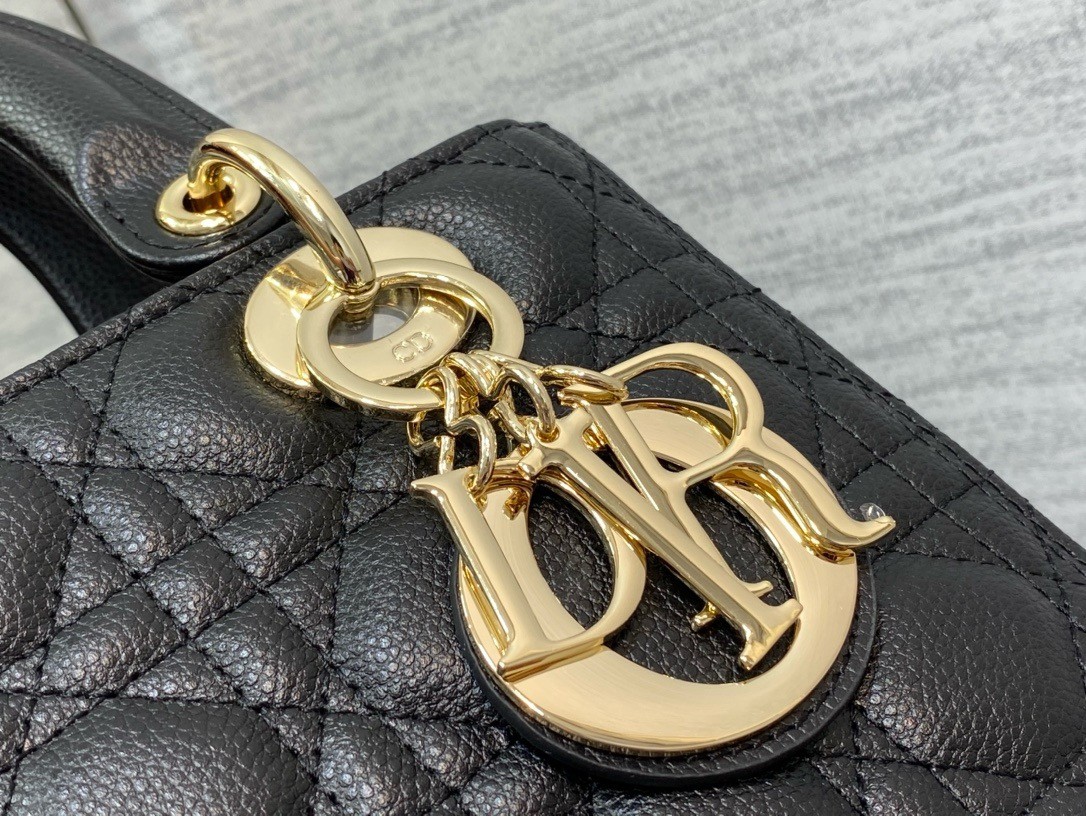 D*or small lady D*or bag in black grained cannage calfskin