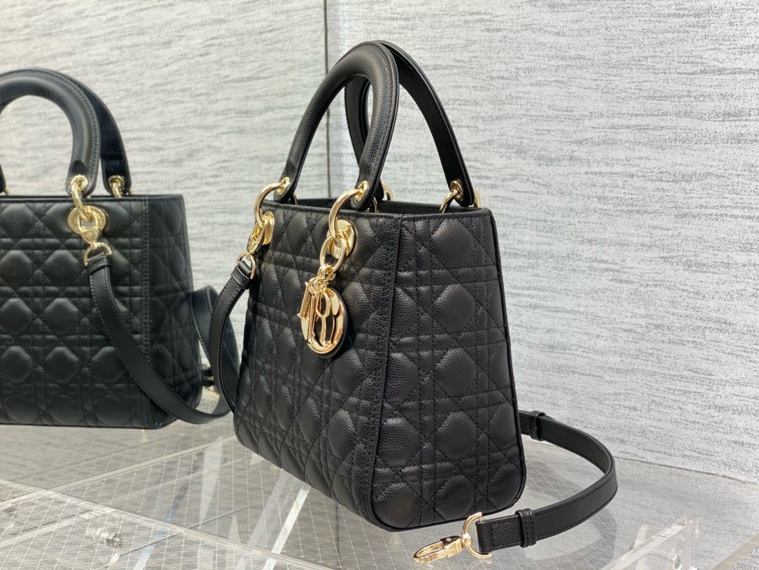 D*or small lady D*or bag in black grained cannage calfskin