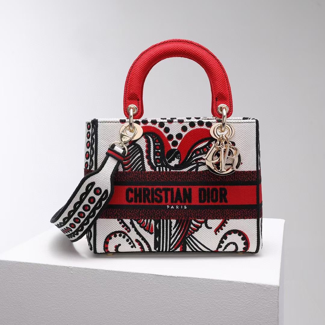 D*or medium lady d-lite bag in latte multicolor cupidon embroidery