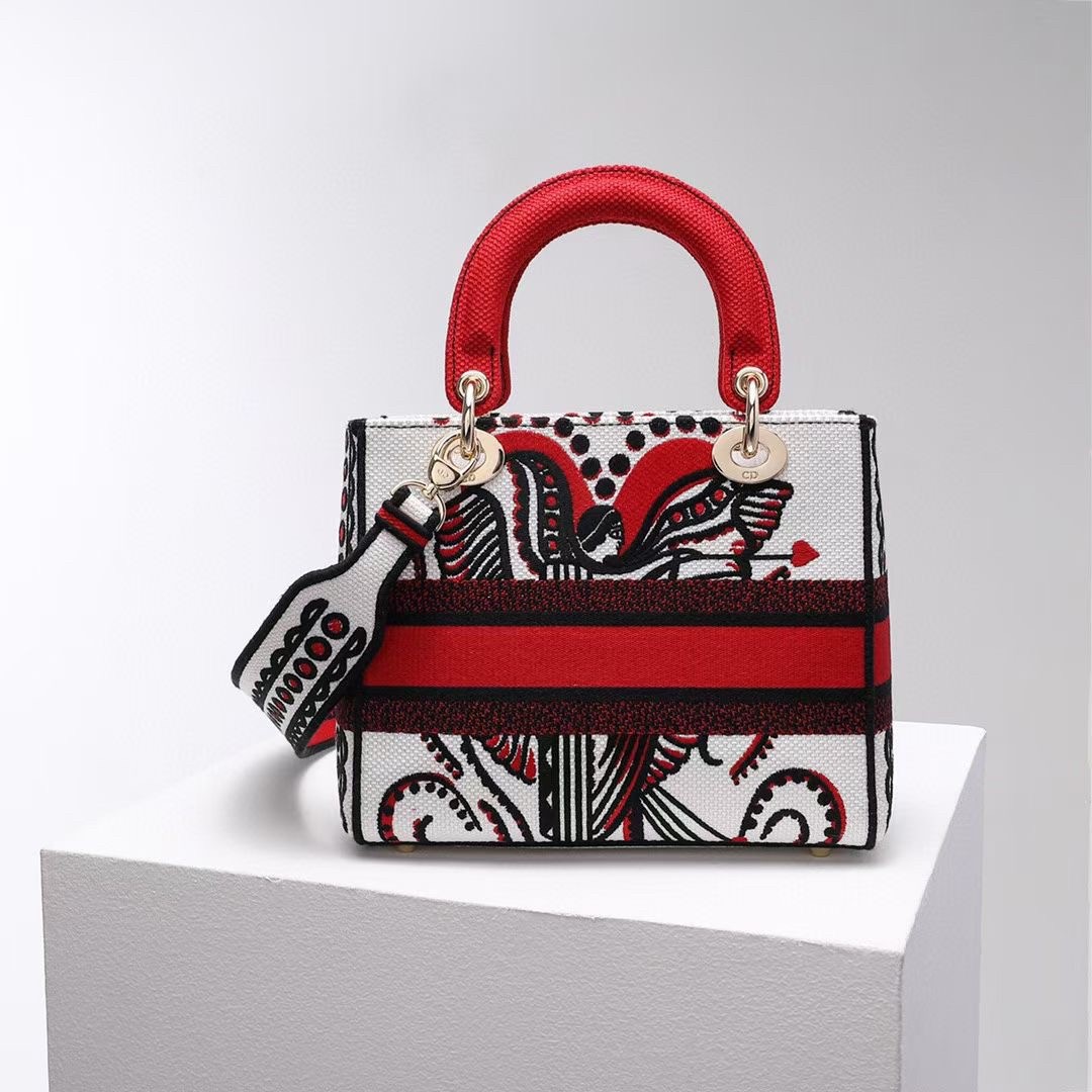 D*or medium lady d-lite bag in latte multicolor cupidon embroidery