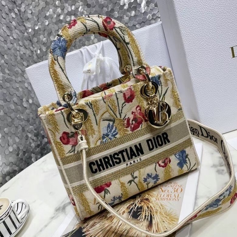 D*or medium lady d-lite hibiscus metallic thread embroidery bag