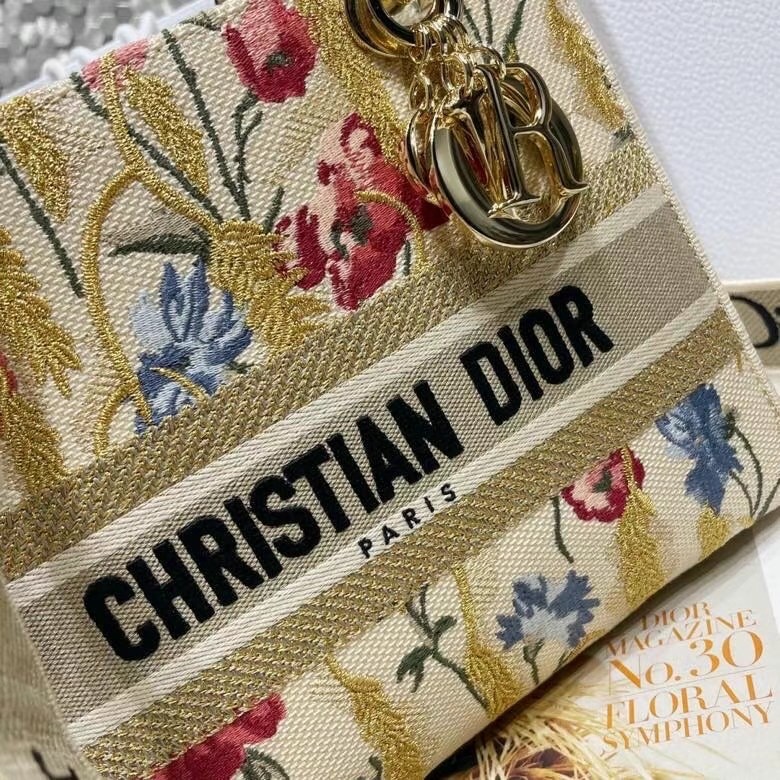 D*or medium lady d-lite hibiscus metallic thread embroidery bag