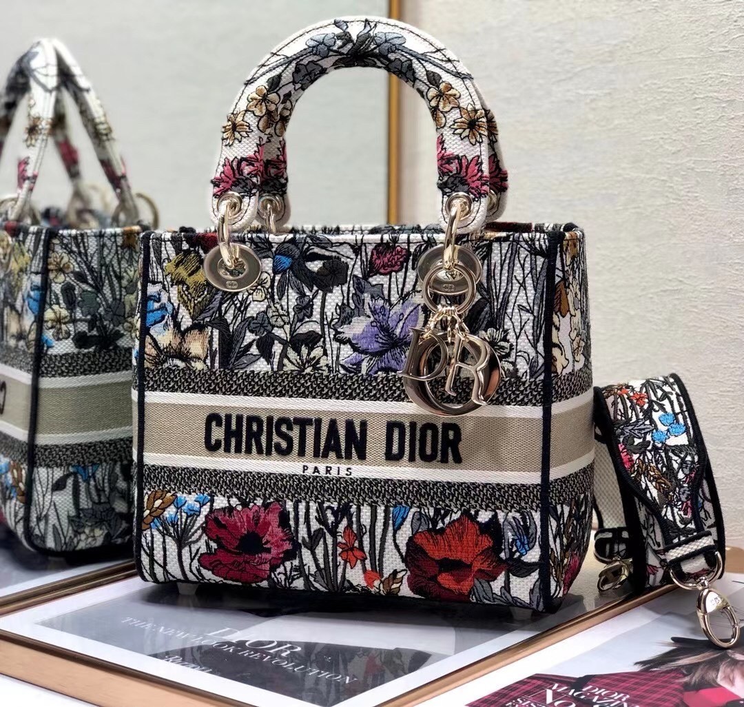 D*or medium lady d-lite mille fleurs embroidery bag