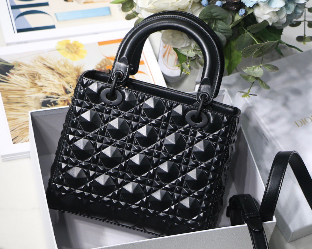 D*or medium lady D*or bag in black diamond calfskin
