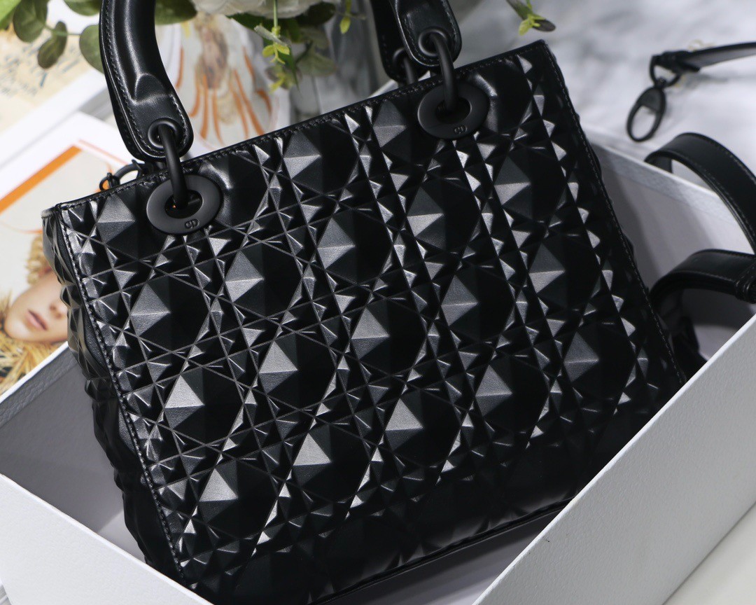 D*or medium lady D*or bag in black diamond calfskin