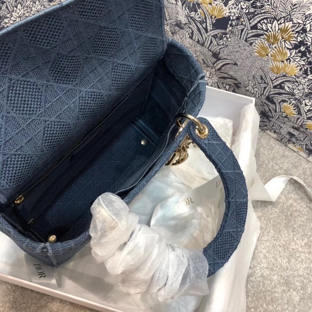 D*or medium lady d-lite bag in denim blue cannage canvas