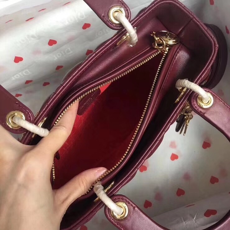 D*or medium lady D*or bag in bordeaux lambskin