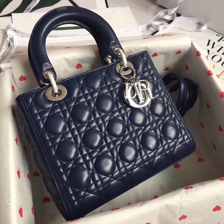D*or medium lady D*or bag in indigo blue cannage lambskin
