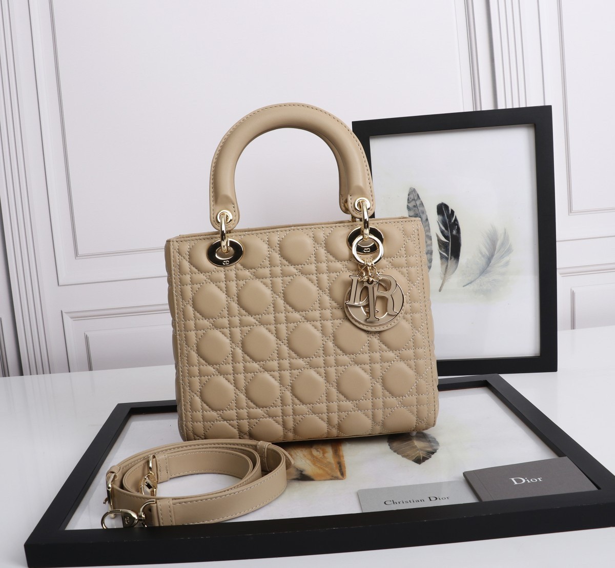 D*or medium lady D*or bag with enamel charm in beige lambskin
