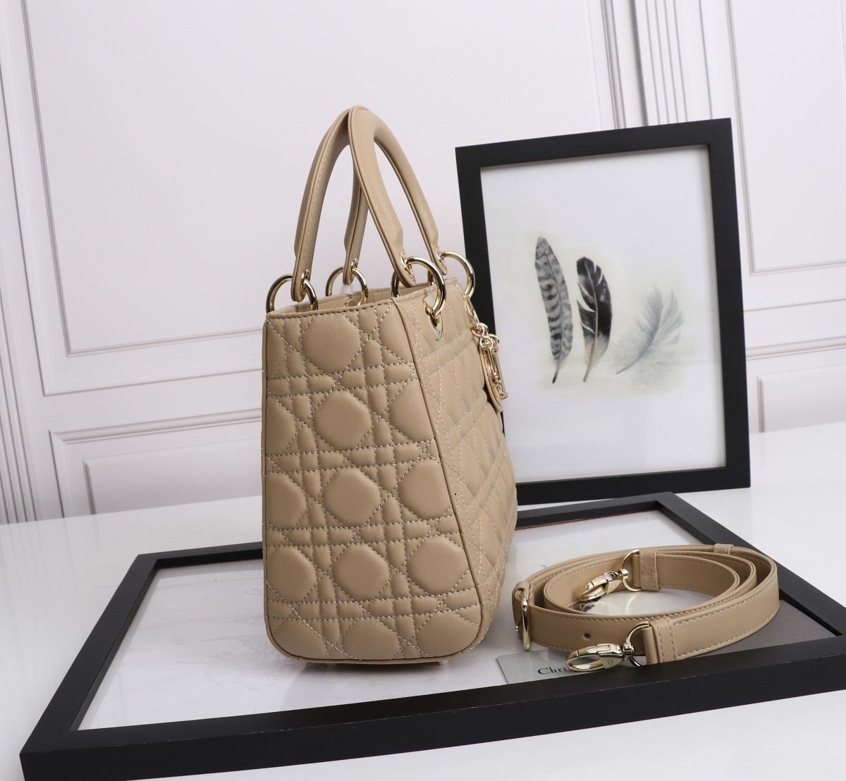 D*or medium lady D*or bag with enamel charm in beige lambskin