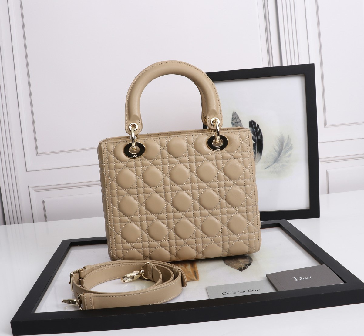 D*or medium lady D*or bag with enamel charm in beige lambskin