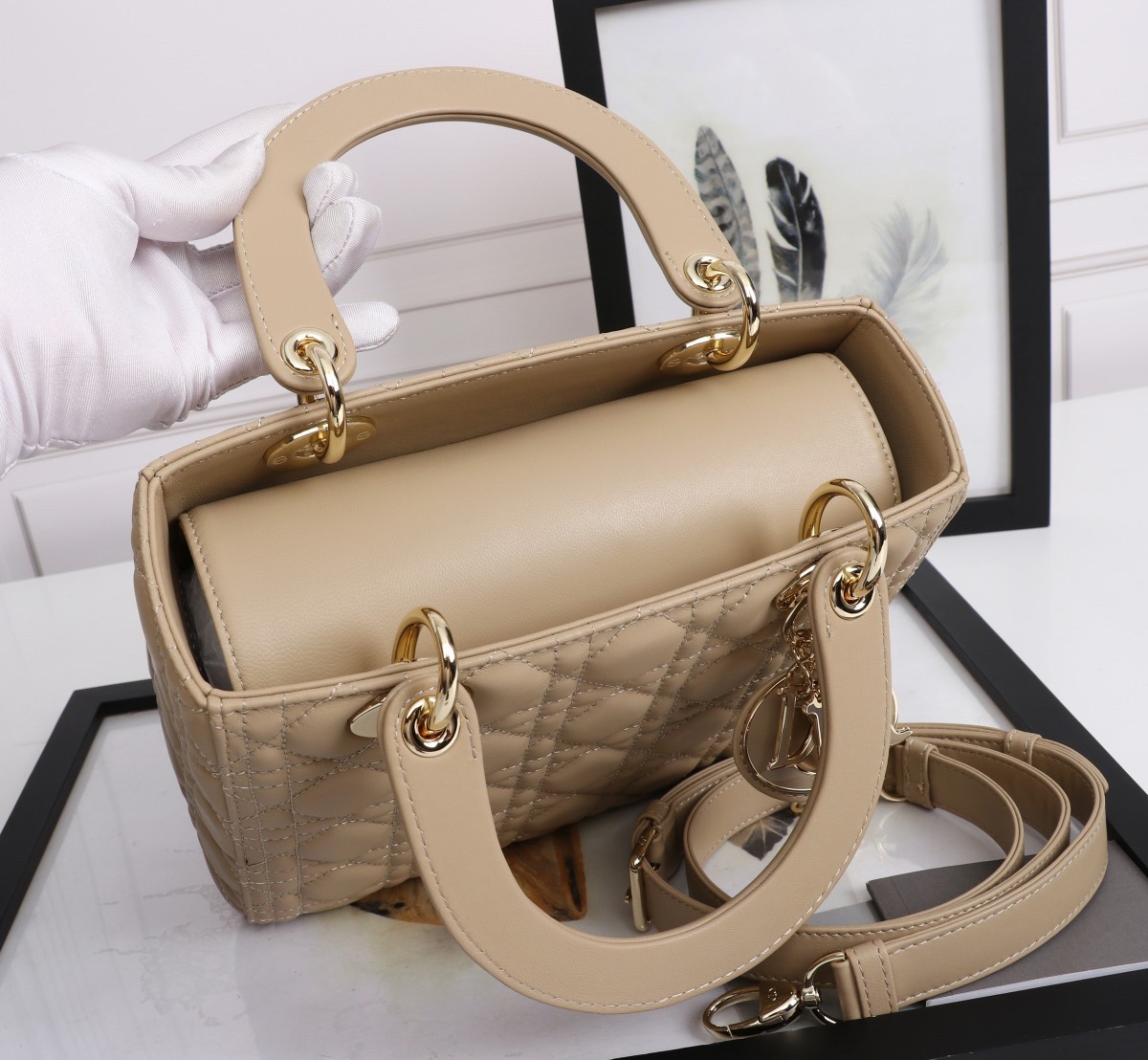 D*or medium lady D*or bag with enamel charm in beige lambskin