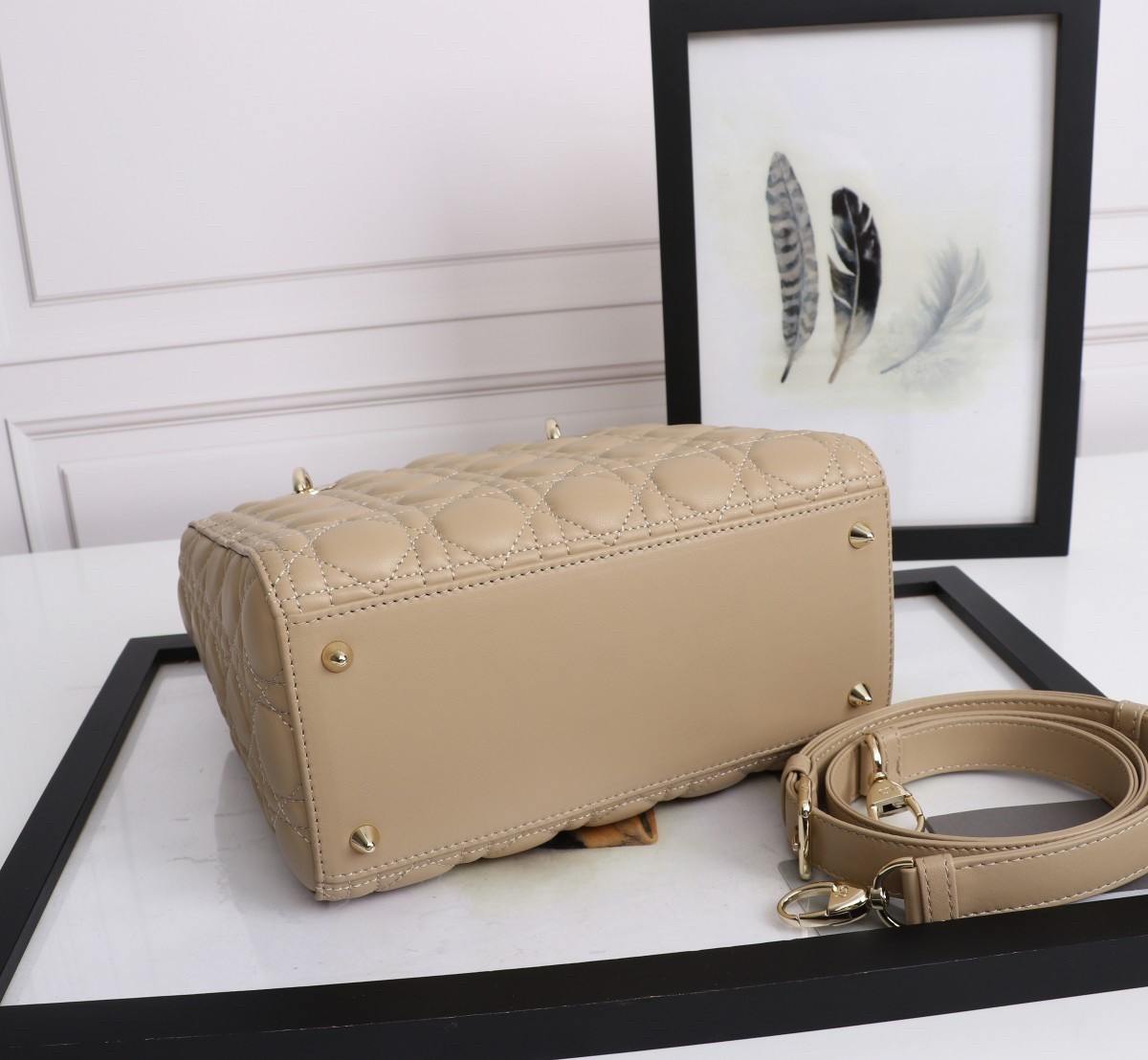 D*or medium lady D*or bag with enamel charm in beige lambskin