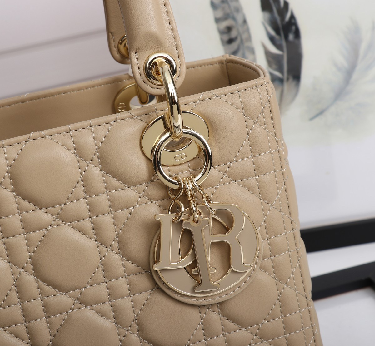 D*or medium lady D*or bag with enamel charm in beige lambskin