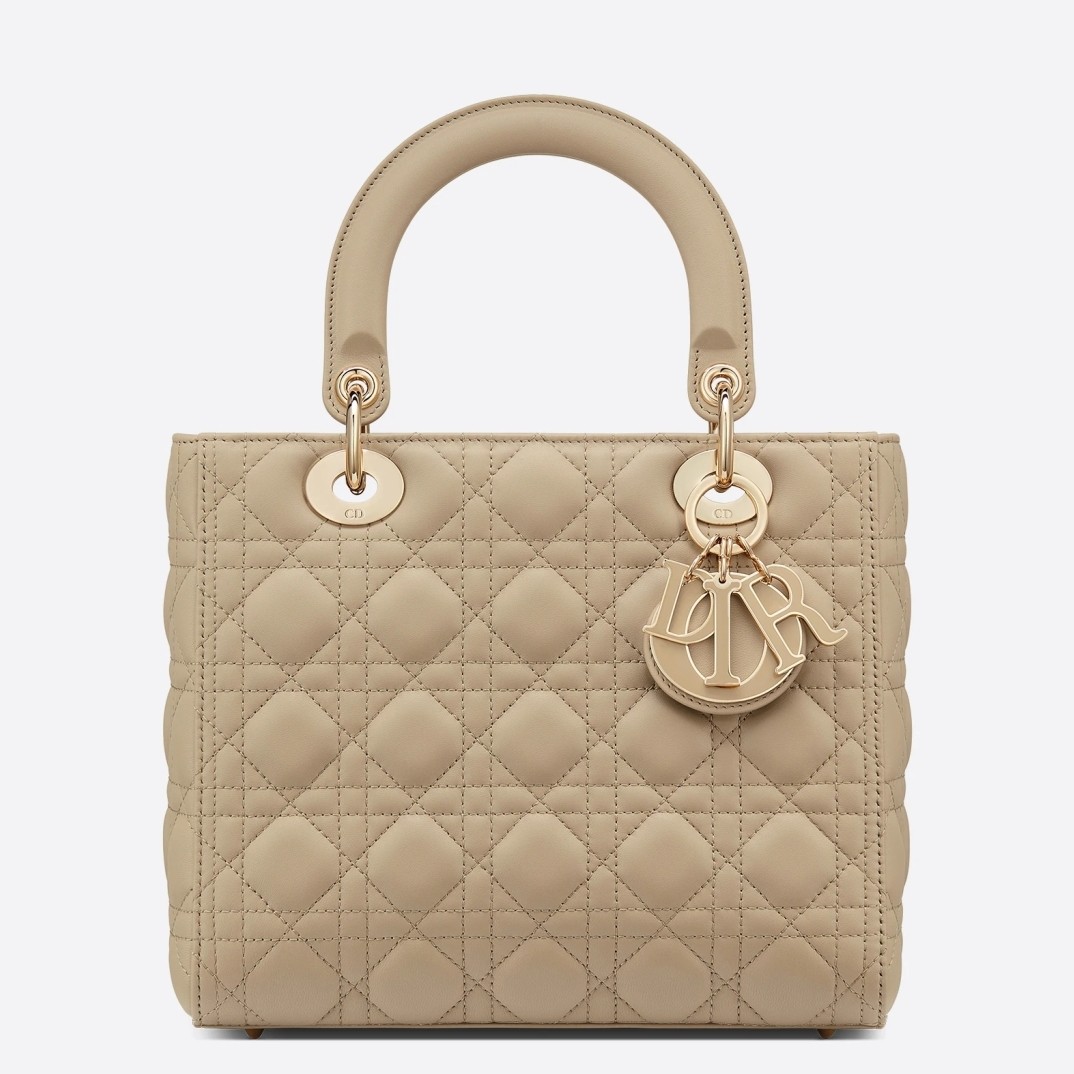 D*or medium lady D*or bag with enamel charm in beige lambskin