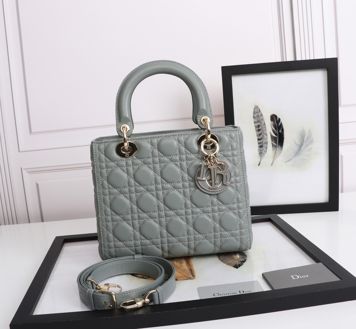 D*or medium lady D*or bag with enamel charm in grey lambskin