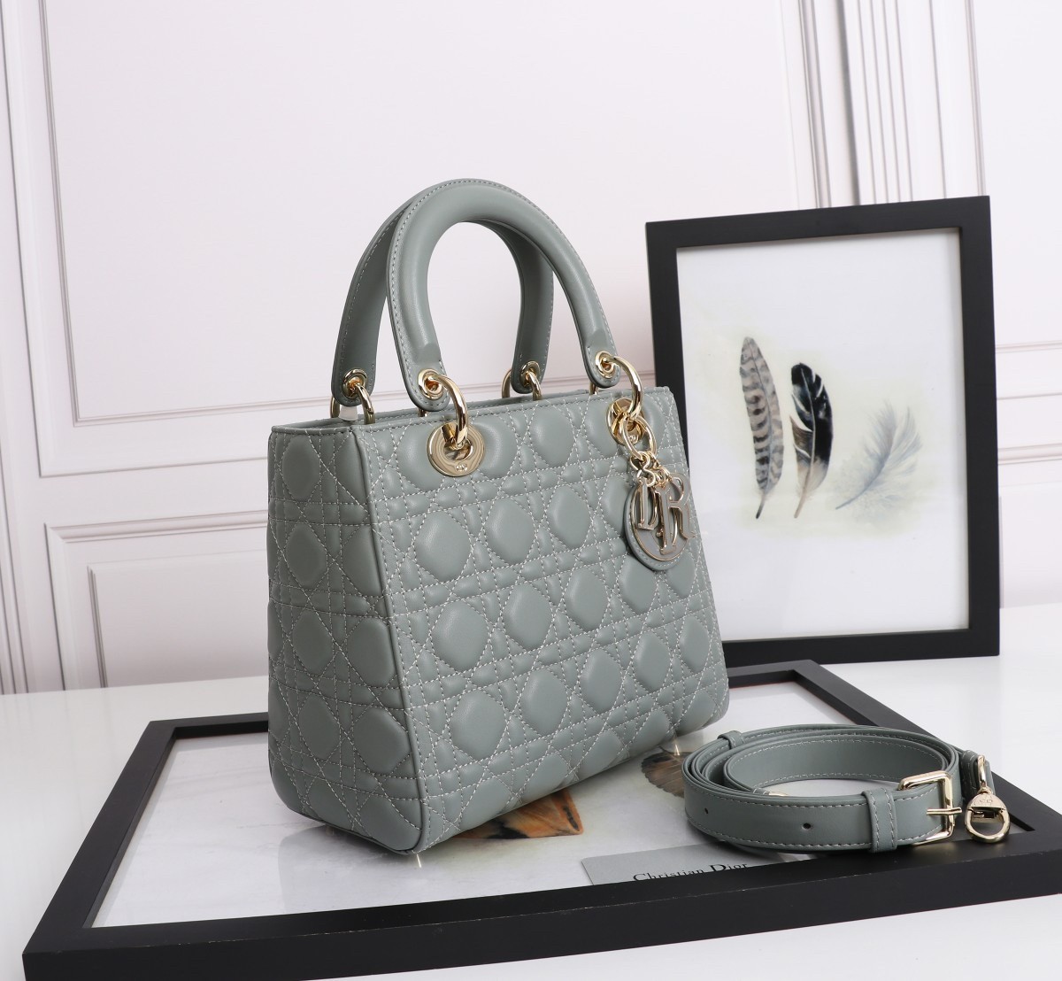 D*or medium lady D*or bag with enamel charm in grey lambskin