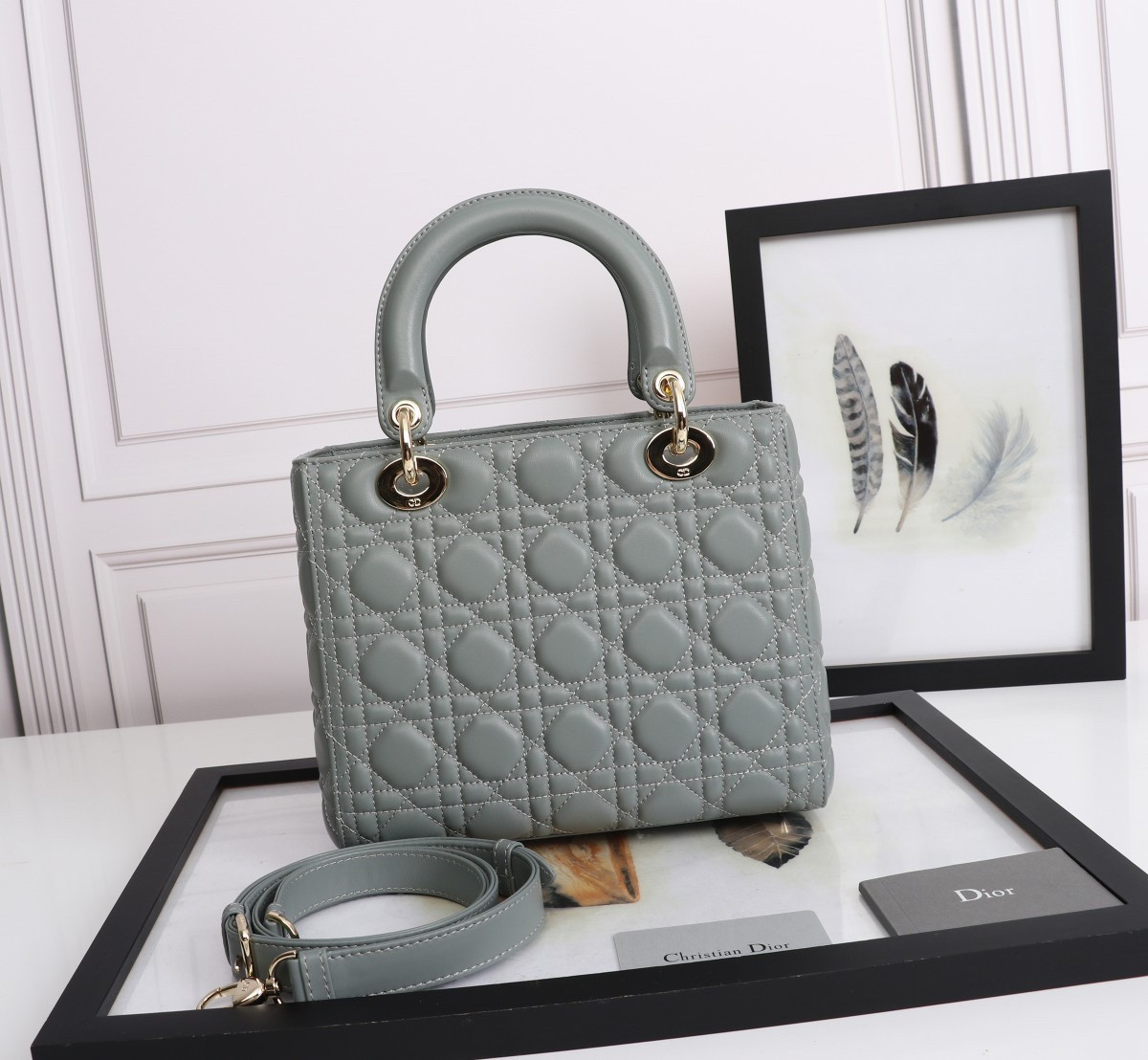 D*or medium lady D*or bag with enamel charm in grey lambskin