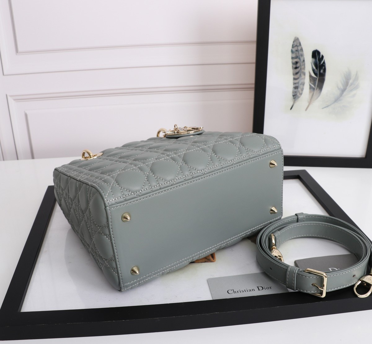 D*or medium lady D*or bag with enamel charm in grey lambskin