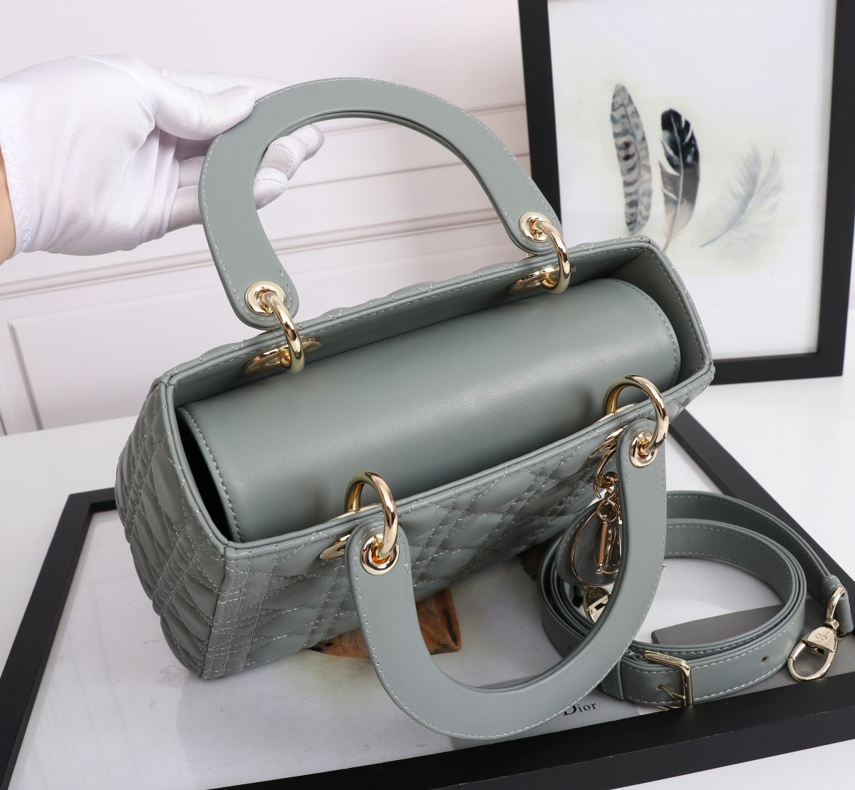 D*or medium lady D*or bag with enamel charm in grey lambskin