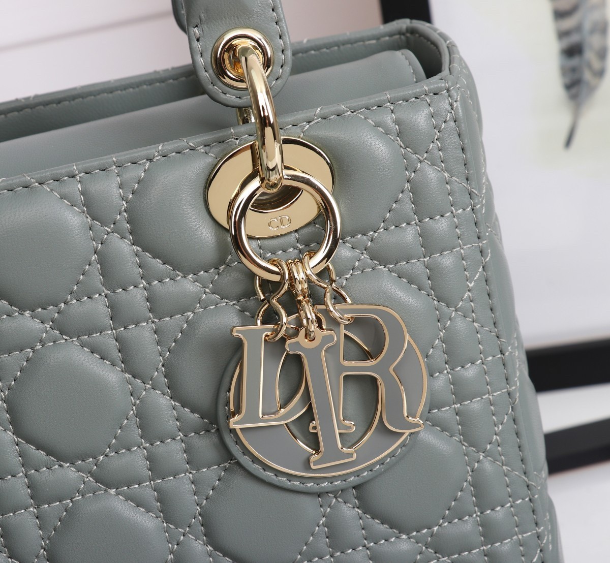D*or medium lady D*or bag with enamel charm in grey lambskin