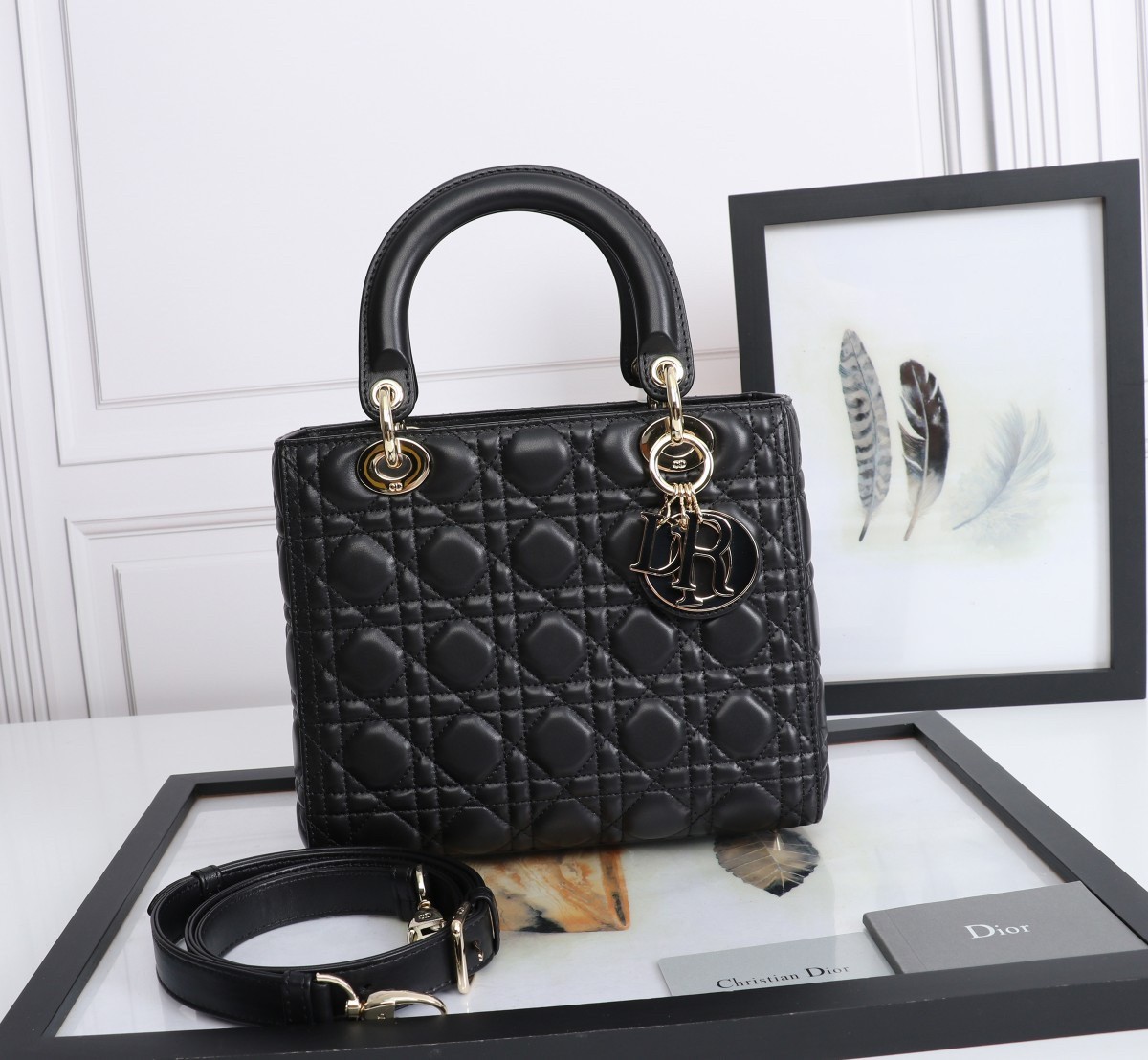 D*or medium lady D*or bag with enamel charm in black lambskin