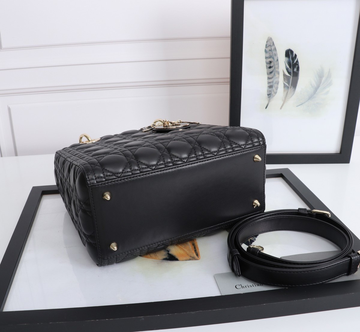 D*or medium lady D*or bag with enamel charm in black lambskin