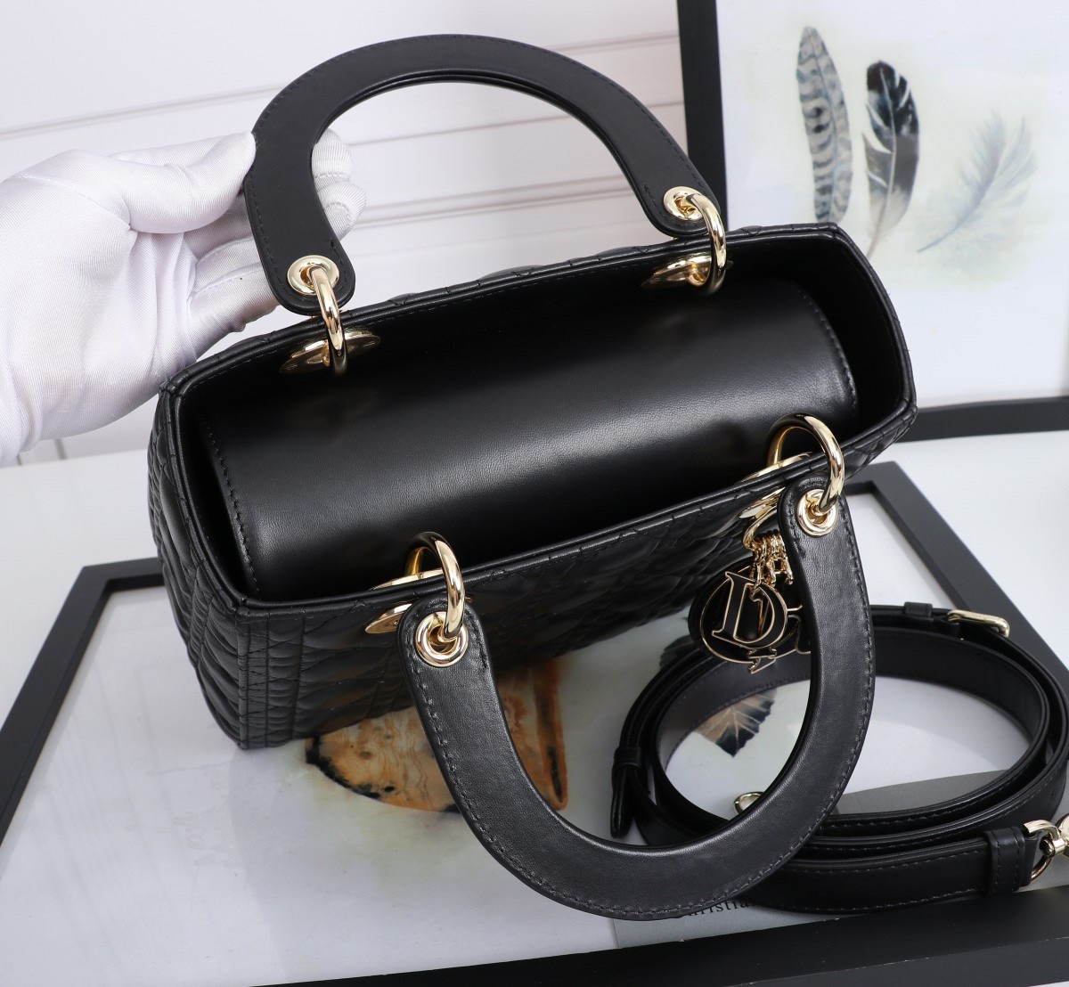 D*or medium lady D*or bag with enamel charm in black lambskin