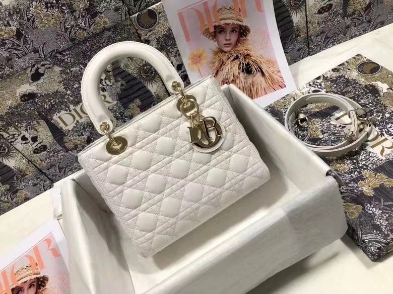 D*or medium lady D*or bag in white cannage lambskin