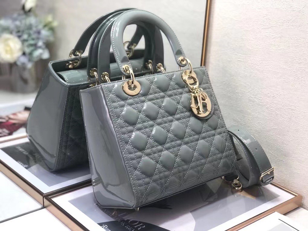 D*or medium lady D*or bag in grey patent cannage calfskin