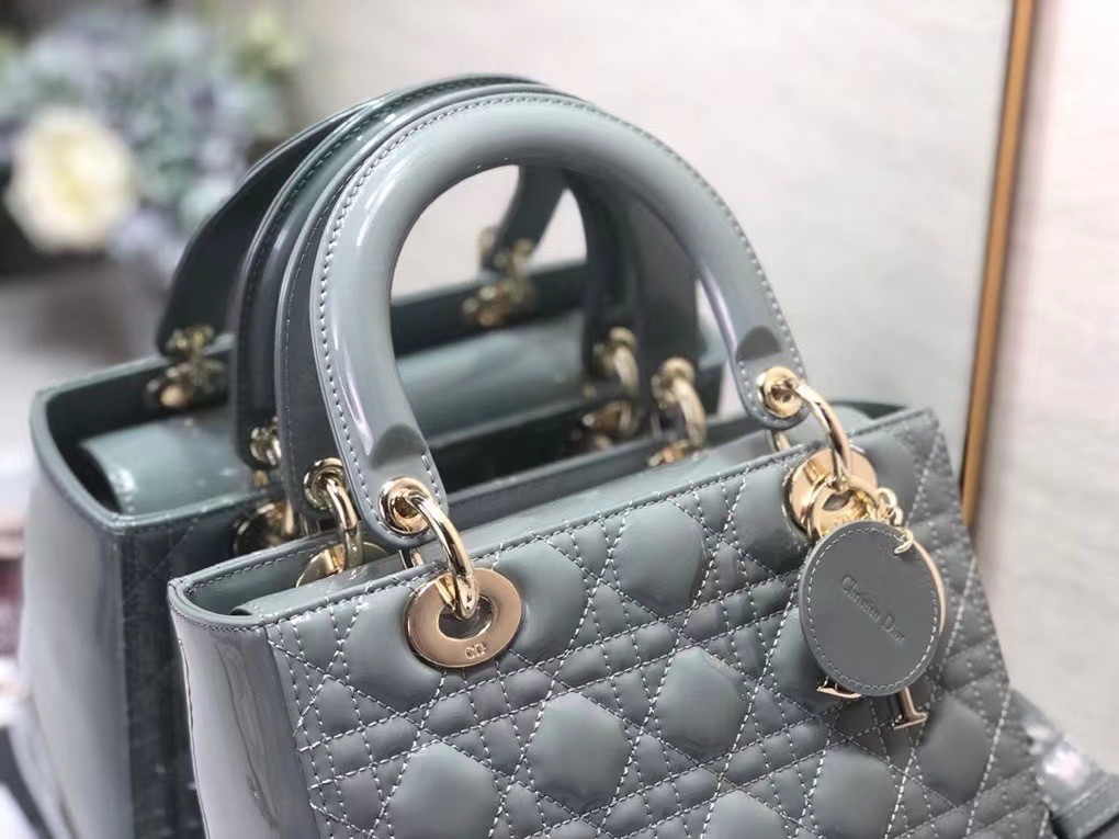 D*or medium lady D*or bag in grey patent cannage calfskin
