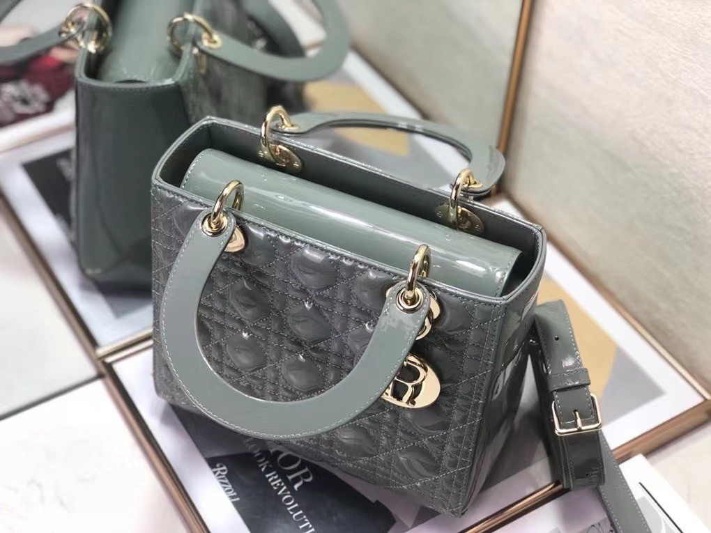 D*or medium lady D*or bag in grey patent cannage calfskin