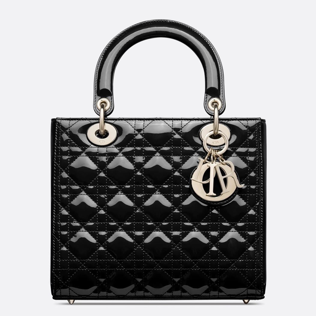 D*or medium lady D*or bag in black patent cannage calfskin